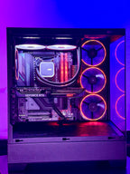Glossy computer case with visible components and RGB lighting on a purple background