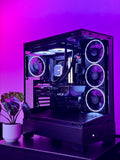 A futuristic black gaming pc with tasteful white RGB accents by Shook PC with a 9070 XT and 9800X3D gaming CPU