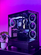 A futuristic black gaming pc with tasteful white RGB accents by Shook PC with a 9070 XT and 9800X3D gaming CPU