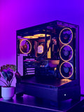 A futuristic black gaming pc with tasteful white RGB accents by Shook PC with a 9070 XT and 9800X3D gaming CPU