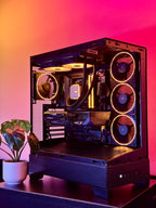 A futuristic black gaming pc with tasteful white RGB accents by Shook PC with a 9070 XT and 9800X3D gaming CPU