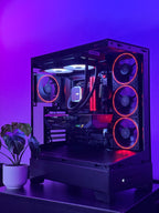 A futuristic black gaming pc with tasteful white RGB accents by Shook PC with a 9070 XT and 9800X3D gaming CPU