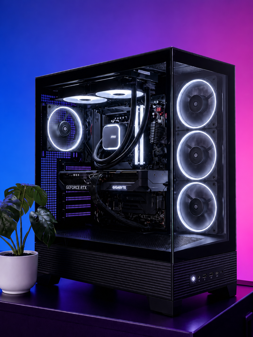 A futuristic black gaming pc with tasteful white RGB accents by Shook PC with a 9070 XT and 9800X3D gaming CPU