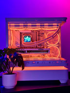 Computer case with visible hardware components on a purple background