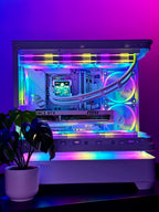 RGB lit computer case with visible hardware on a dark background