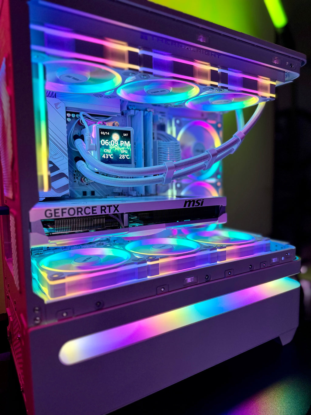 Close-up of a computer graphics card with RGB lighting and 'GeForce RTX' branding.