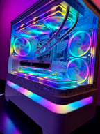 RGB lit computer case with visible components on a dark background