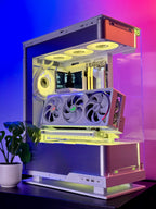 Open computer case with visible hardware on a colorful gradient background