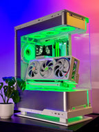 Custom-built computer case with RGB lighting on a colorful background