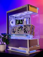 Glossy computer case with visible internal components on a colorful gradient background