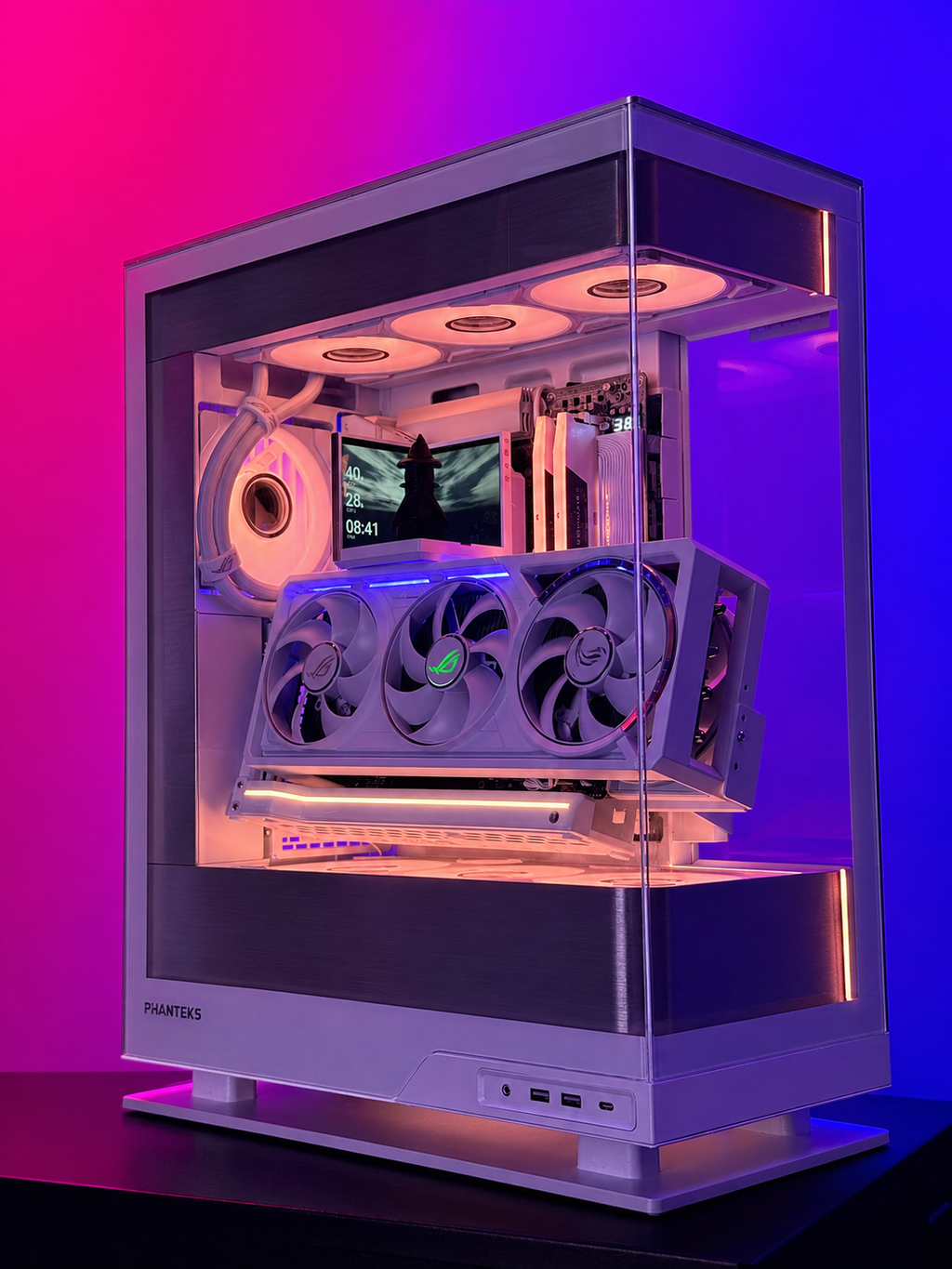 Computer case with transparent side panel on a gradient purple and pink background