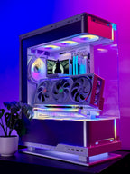 Glossy gaming PC case with RGB lighting on a purple background