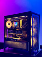Computer case with visible internal components against a blue and purple gradient background