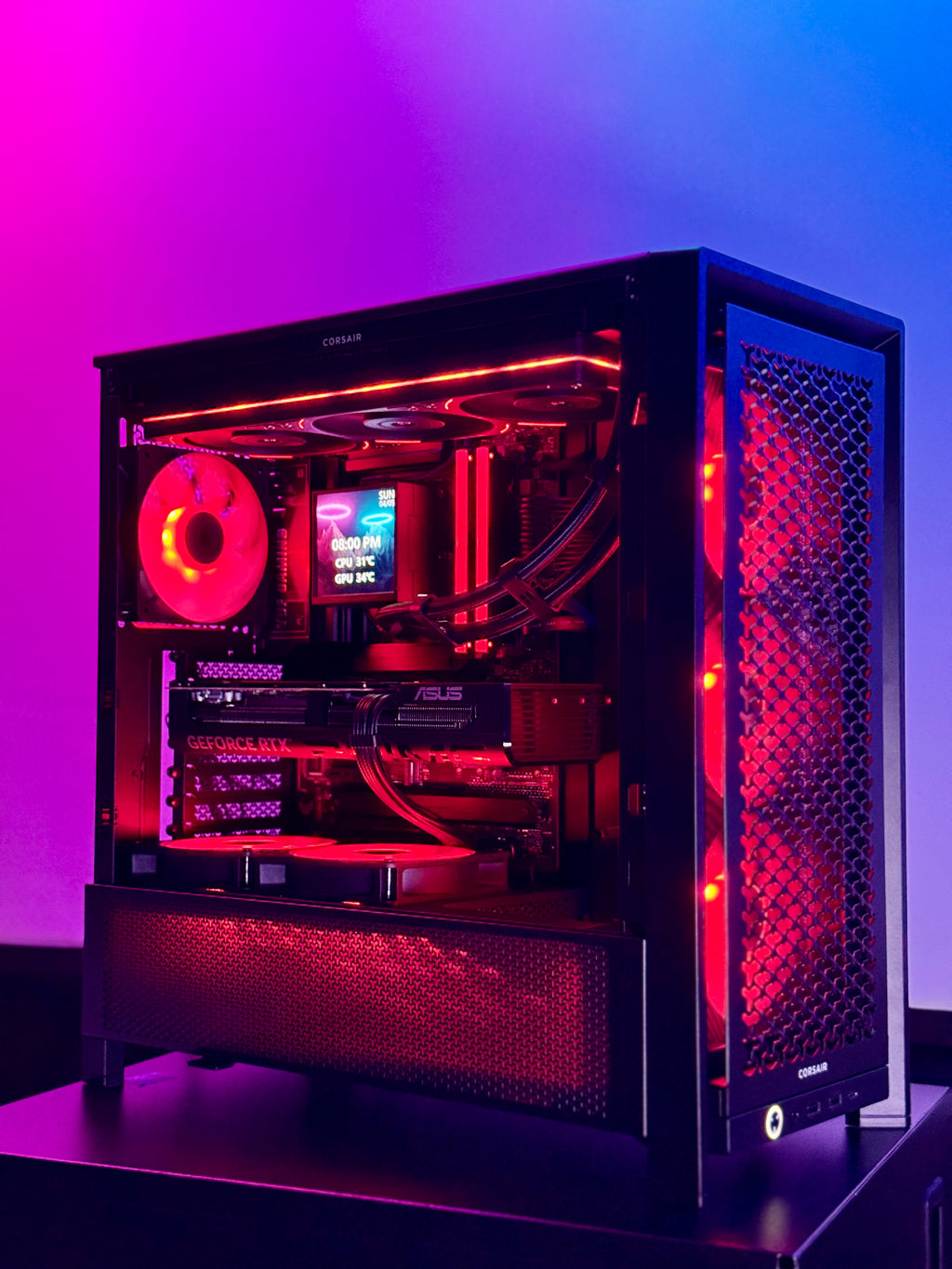 Computer case with visible components on a purple gradient background
