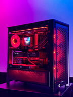 Computer case with visible components on a purple gradient background