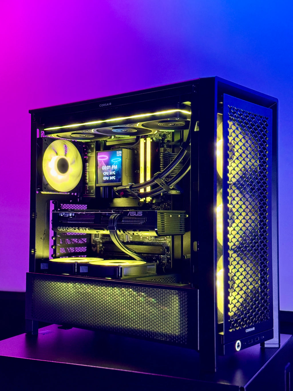 Open computer case with visible components on a purple gradient background