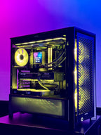 Open computer case with visible components on a purple gradient background