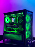 Computer case with green lighting on a purple gradient background