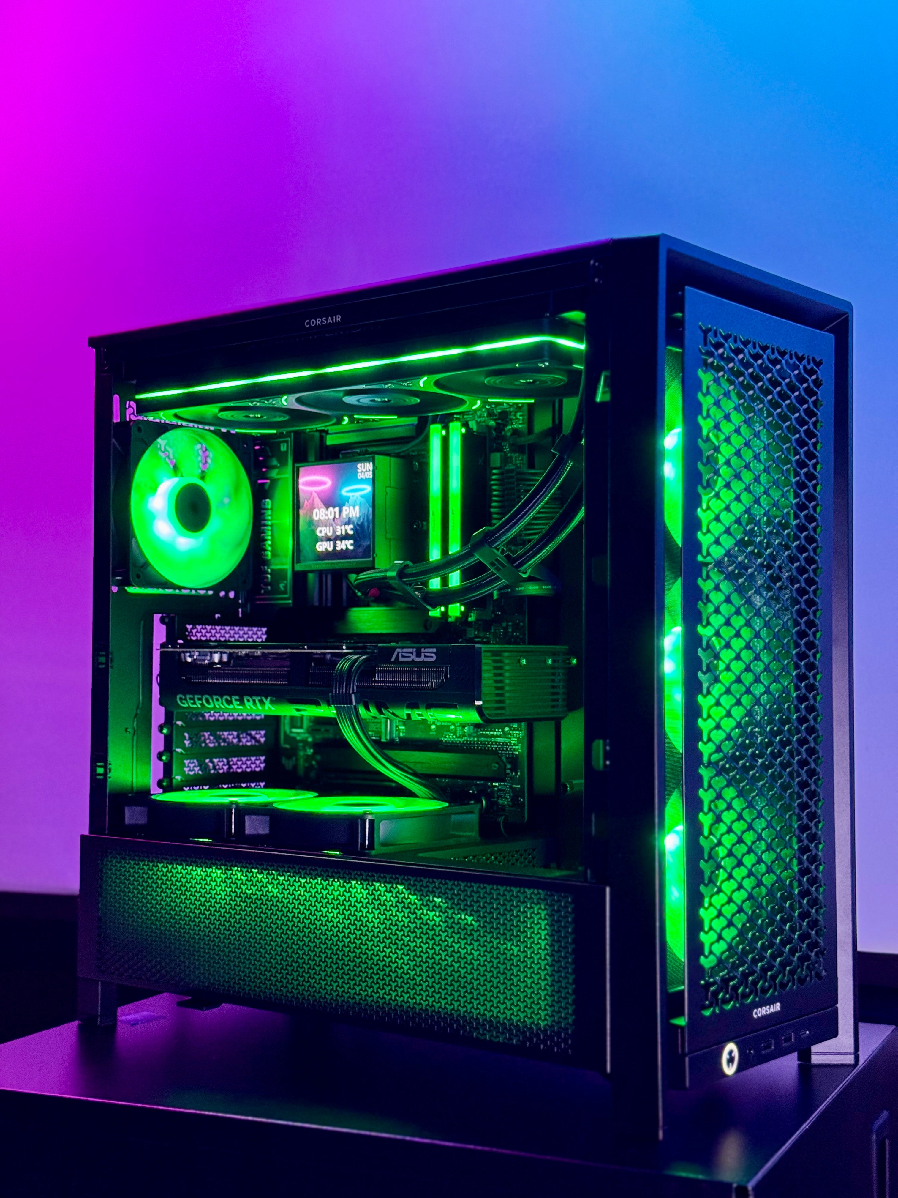 Computer case with green lighting on a purple gradient background