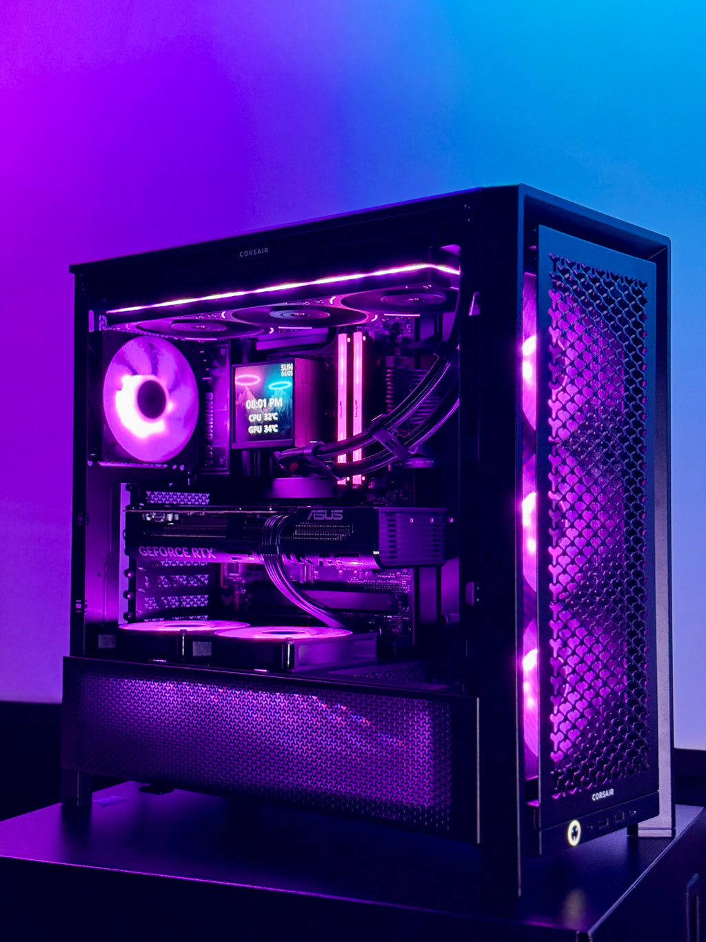 Computer case with visible components on a gradient purple and blue background