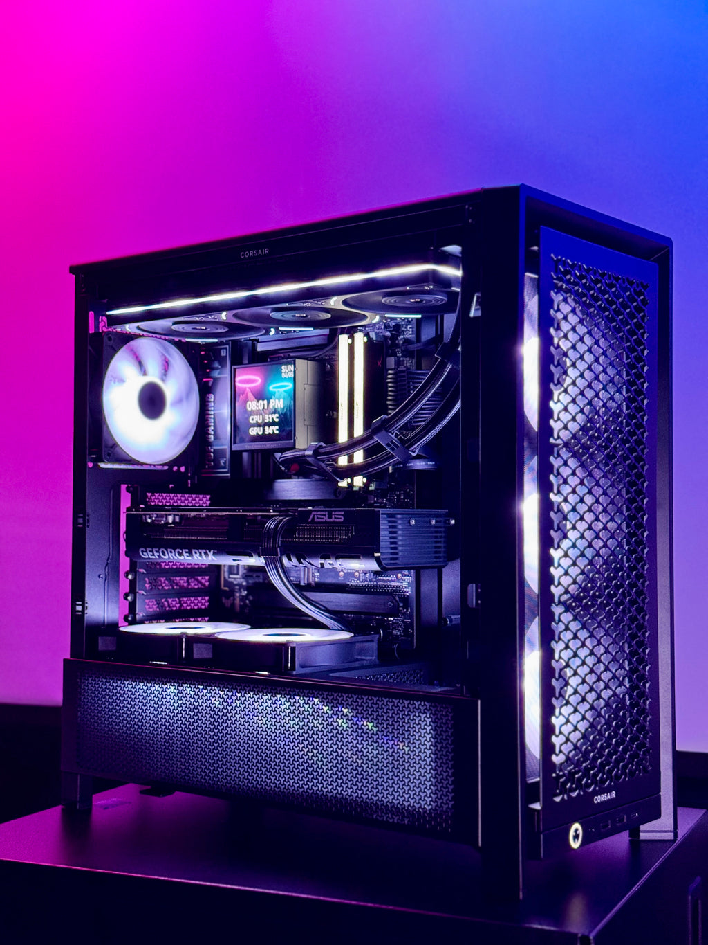 Computer case with visible internal components against a gradient purple and blue background