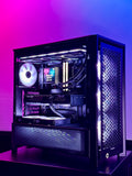 Computer case with visible internal components against a gradient purple and blue background