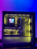 Computer case with visible components against a gradient purple and blue background