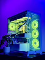 Computer case with green LED lights on a purple background