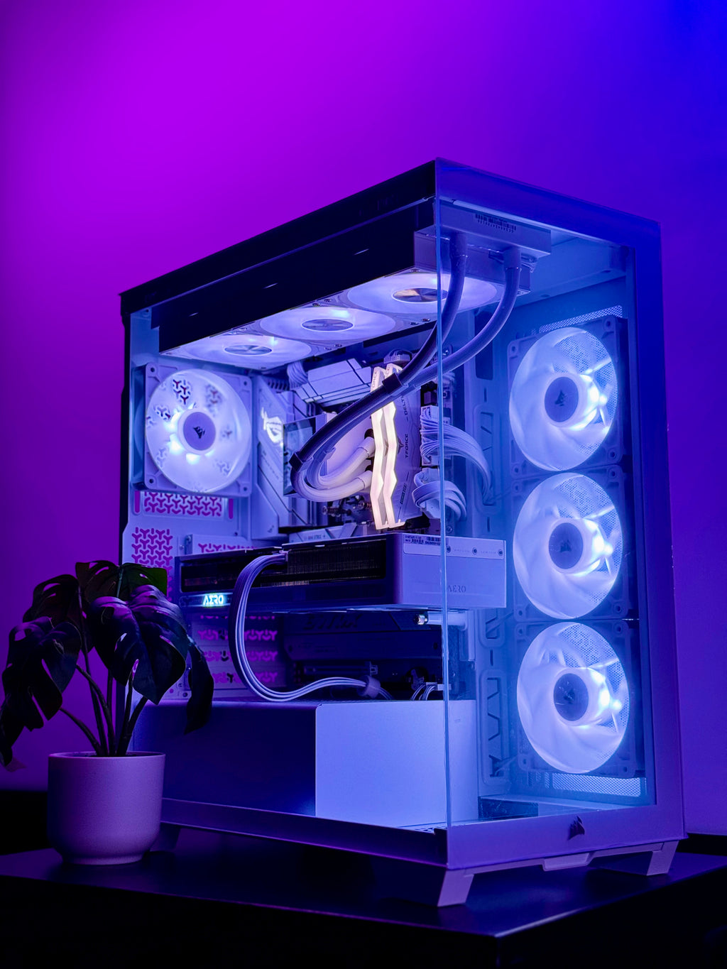 Computer case with LED lights on a purple background