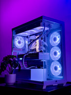 Computer case with LED lights on a purple background