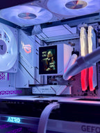 Close-up of a computer motherboard with visible components and branding.