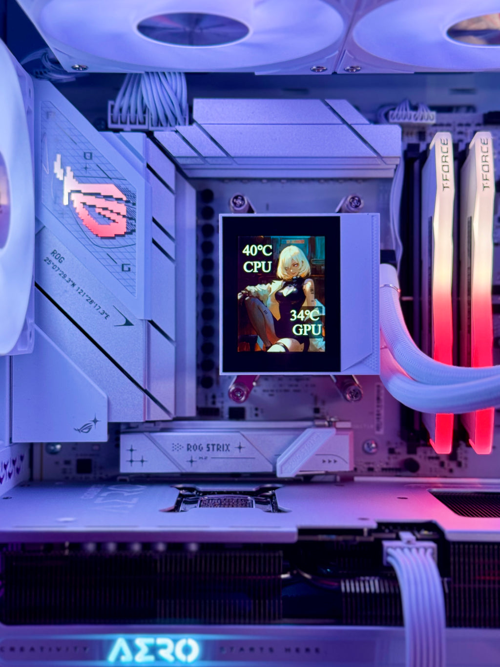 Close-up of a computer case with cooling system and RGB lighting