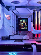 Close-up of a computer case with cooling system and RGB lighting