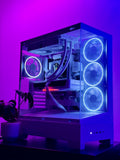 A desktop computer in a transparent side-panel case with white internal components and glowing blue LED fans, set against a purple-lit background.