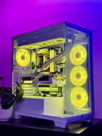 A custom-built desktop PC tower with a clear side panel, showcasing a white and silver liquid CPU cooler, RAM, and graphics card. The system is illuminated with bright yellow LED lights inside, set against a purple ambient background.