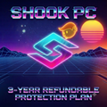Promotional graphic for 'Shook PC' featuring a neon retro-futuristic design with the text '3-YEAR REFUNDABLE PROTECTION PLAN' and a stylized orange cartoon face above a glowing geometric emblem on a purple and pink gradient background.