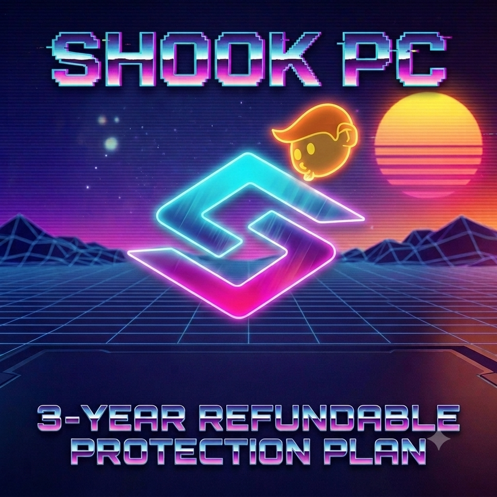 Promotional graphic for 'Shook PC' featuring a neon retro-futuristic design with the text '3-YEAR REFUNDABLE PROTECTION PLAN' and a stylized orange cartoon face above a glowing geometric emblem on a purple and pink gradient background.